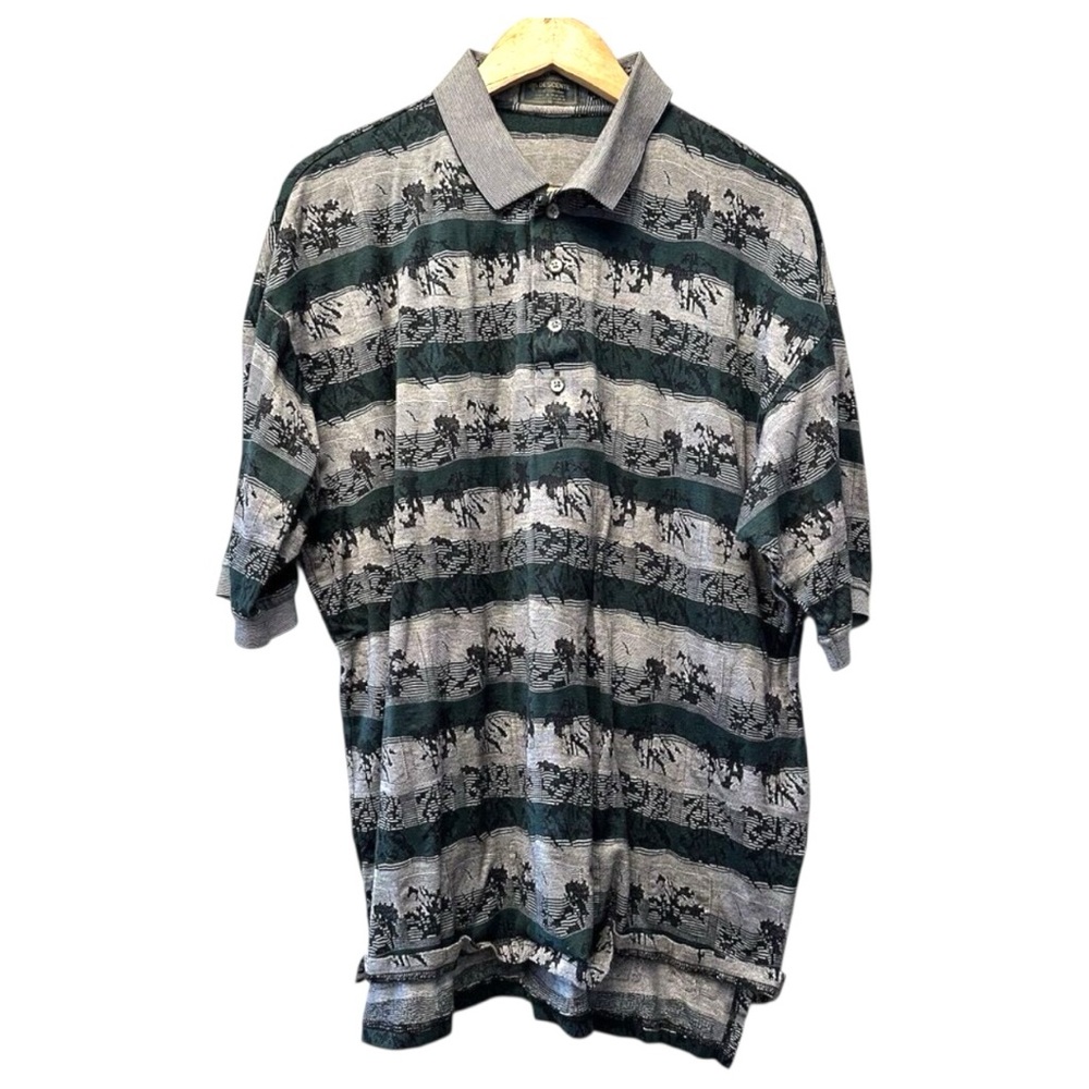 Descente Golf Collection Mens Green Grey Jacquard‎ Landscape Polo Shirt Size M